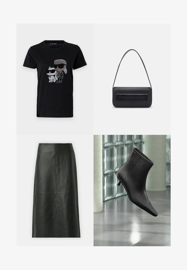 Zwarte katoenen t-shirt met een rhinestone grafiek van een persoon en een witte kat, beide met een zonnebril. Ronde halslijn en korte mouwen.; Zwarte leren midi-rok met een rechte snit. Gladde textuur, minimale naden en een nauwsluitende tailleband. Geen zichtbare zakken of extra details.; Zwarte leren enkellaars met puntige neus en lage hak, afgebeeld tegen een glazen blokkenmuur en gepolijste vloer op de achtergrond.; Zwarte leren handtas met een enkele schouderband, rechthoekige vorm, voorzien van een textuurpaneel met het geperste logo "KARL LAGERFELD" aan de voorkant.