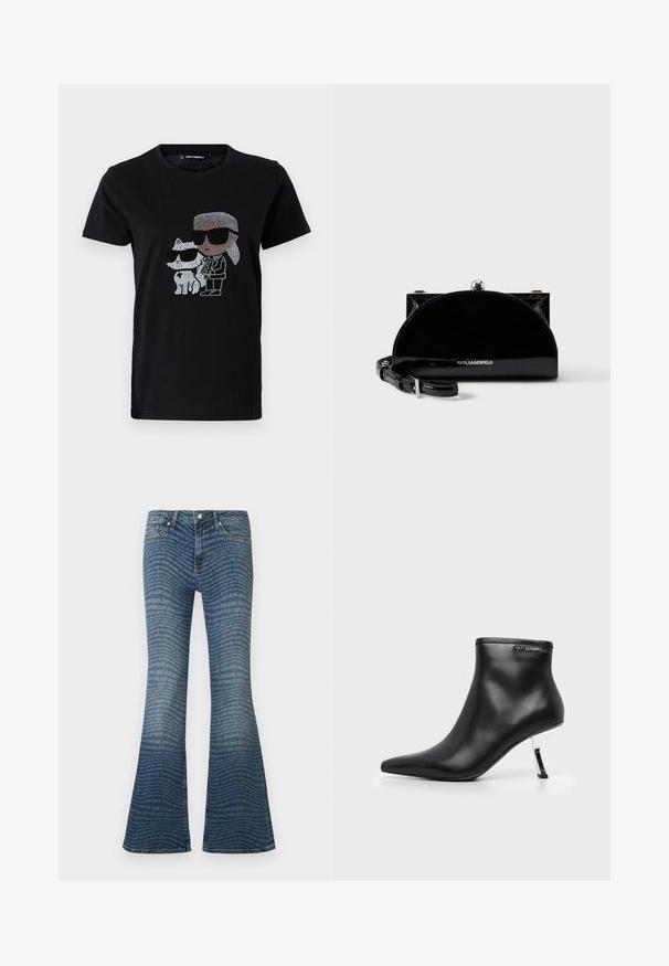 T-shirt en coton noir avec un graphique en strass d'une personne et d'un chat blanc, tous deux portant des lunettes de soleil. Encolure ronde et manches courtes.; Jean flare bleu avec un motif all-over répétitif du logo "JOOP! JEANS" et une coupe classique à cinq poches.; Bottine en cuir noir avec un bout pointu et un talon aiguille argenté brillant sur fond blanc.; Pochette noire brillante en forme de demi-lune avec fermoir à cadre argenté et bandoulière ajustable, siglée du logo Karl Lagerfeld à l'avant.