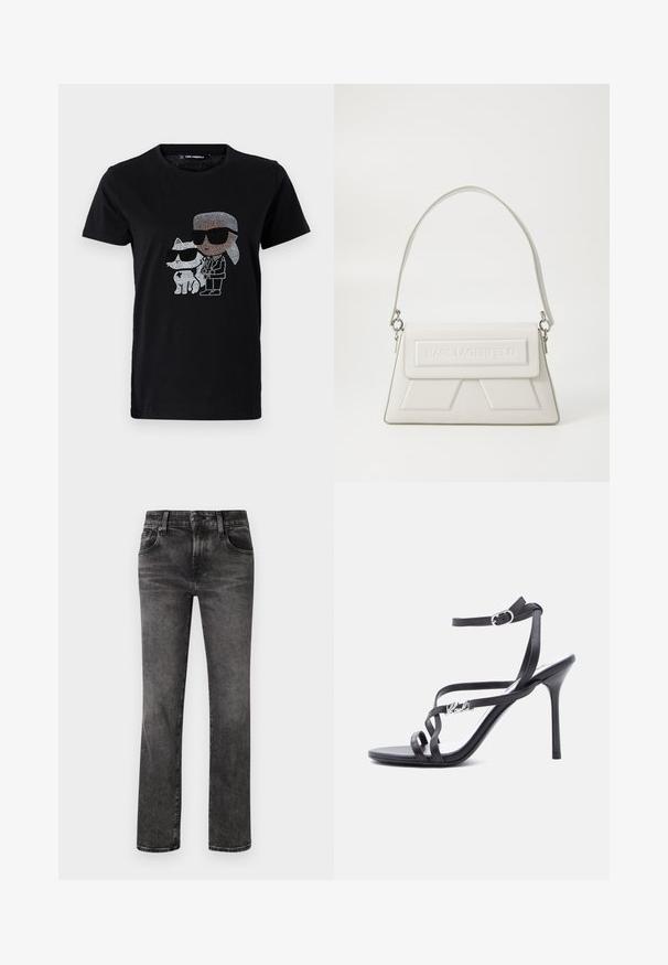 Zwarte katoenen t-shirt met een rhinestone grafiek van een persoon en een witte kat, beide met een zonnebril. Ronde halslijn en korte mouwen.; Zwarte denim jeans met een rechte snit, voorzien van vijf zakken, een knoop- en ritsluiting, en subtiele vervaging over de stof.; Zwarte high-heeled sandaal met dunne bandjes, enkelgesp en een metalen logodetail aan het zijbandje, afgebeeld tegen een witte achtergrond.; Witte leren handtas met een gestructureerd ontwerp, voorzien van een bovenflap, een geperst logo en een slanke schouderriem versierd met zilveren hardware.