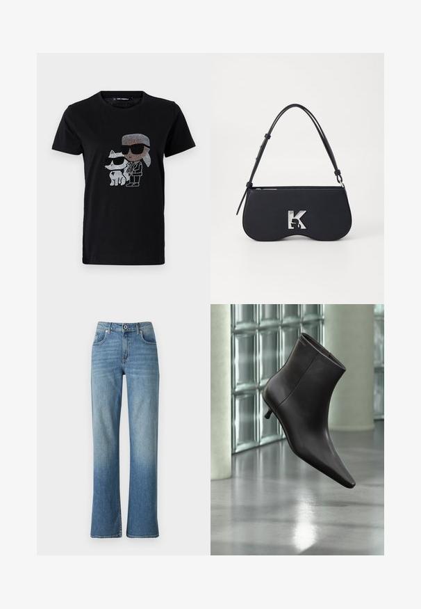 Camiseta de algodón negra con un gráfico de strass de una persona y un gato blanco, ambos usando gafas de sol. Cuello redondo y mangas cortas.; Jeans de mezclilla azul claro con un diseño de pierna recta, que cuentan con cinco bolsillos, cierre de botón y un ligero desgastado para un aspecto usado.; Bota de cuero negro para el tobillo con puntera puntiaguda y tacón pequeño, exhibida frente a una pared de bloques de vidrio y un suelo pulido.; Bolso negro con forma curva, material texturizado, logotipo plateado y una correa delgada. Cierre superior con cremallera y características de diseño minimalista.
