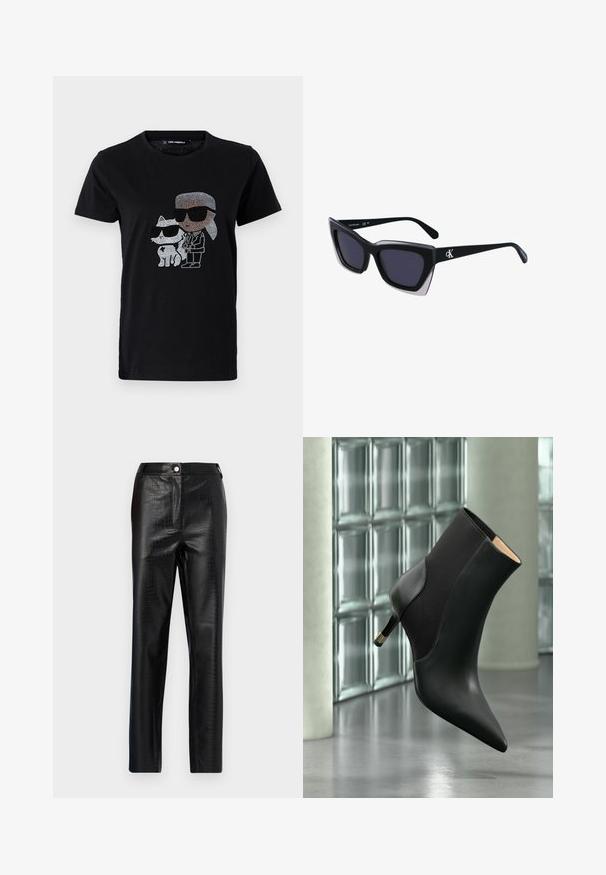 Sort bomulds T-shirt med en rhinestone grafik af en person og en hvid kat, begge iført solbriller. Rund halsudskæring og korte ærmer.; Sorte faux læderbukser med krokodillemønster, slim fit, lige ben design, med frontknaplukning og standard taljebånd.; Sort ankelstøvle med spids tå, kilehæl og sidelæ panel, svævende over en reflekterende gulv foran glasblokvinduer.; Store sorte oversized solbriller med geometrisk form, med mørke linser og en kontrasterende grå detalje på stellet. Logo på armen.