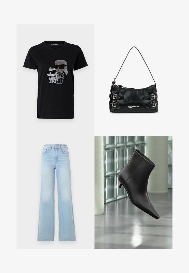 Zwarte katoenen t-shirt met een rhinestone grafiek van een persoon en een witte kat, beide met een zonnebril. Ronde halslijn en korte mouwen.; Lichtblauwe high-waisted jeans met een ontwerp met wijde pijpen. Beschikt over vijf zakken en een knoopsluiting, gemaakt van denim met een lichte vervaging.; Zwarte leren enkellaars met puntige neus en lage hak, afgebeeld tegen een glazen blokkenmuur en gepolijste vloer op de achtergrond.; Zwarte lederen schoudertas met zilveren gespen aan de zijkanten, ritsopening bovenop, dunne band en "Karl Lagerfeld Jeans" logo aan de voorkant.