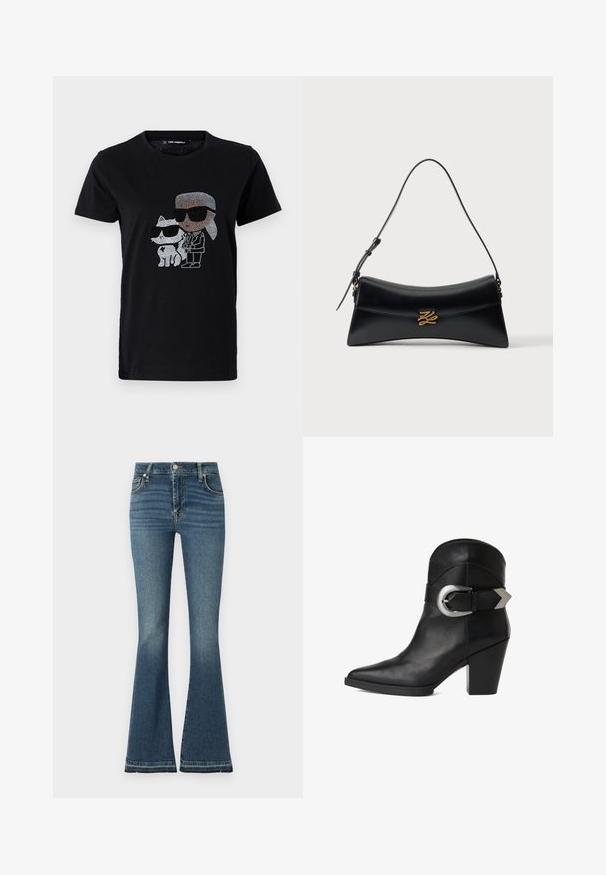 T-shirt en coton noir avec un graphique en strass d'une personne et d'un chat blanc, tous deux portant des lunettes de soleil. Encolure ronde et manches courtes.; Jean évasé en denim bleu moyen avec taille haute, léger effet délavé, design à cinq poches et détails de couture visibles.; Bottine en cuir noir avec un bout pointu, un talon épais et une large sangle ornée d'une boucle circulaire en argent sur le côté. Texture lisse.; Sac à main en cuir noir de forme trapèze incurvée, avec poignée supérieure et fermeture décorative dorée sur le rabat avant, sur fond blanc.