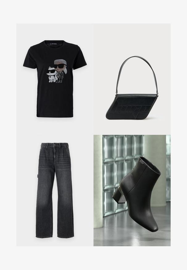 Sort bomulds T-shirt med en rhinestone grafik af en person og en hvid kat, begge iført solbriller. Rund halsudskæring og korte ærmer.; Bredde bukser i mørkegrå denim med høj talje, forlommer og diskret slidmærker på lårene. Kontrastsyning.; Sort læderankelstøvle med blokhæl, DKNY-logo nær toppen, vist foran en glasblokvæg og poleret betongulv.; Sort skuldertaske i læder med trekantet form, præget logo og en enkelt justerbar rem. Minimalistisk design med glat tekstur.
