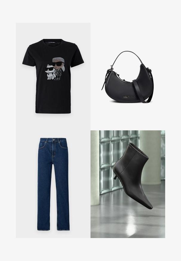 Camiseta de algodón negra con un gráfico de strass de una persona y un gato blanco, ambos usando gafas de sol. Cuello redondo y mangas cortas.; Vaqueros de denim azul oscuro con piernas rectas, diseño de cinco bolsillos, costuras visibles y cierre de botón metálico en la cintura.; Bota de cuero negro para el tobillo con puntera puntiaguda y tacón pequeño, exhibida frente a una pared de bloques de vidrio y un suelo pulido.; Bolso de mano de cuero negro con forma de media luna, con doble asa, cremallera plateada y un sutil logo "Karl Lagerfeld Jeans" en el frente.