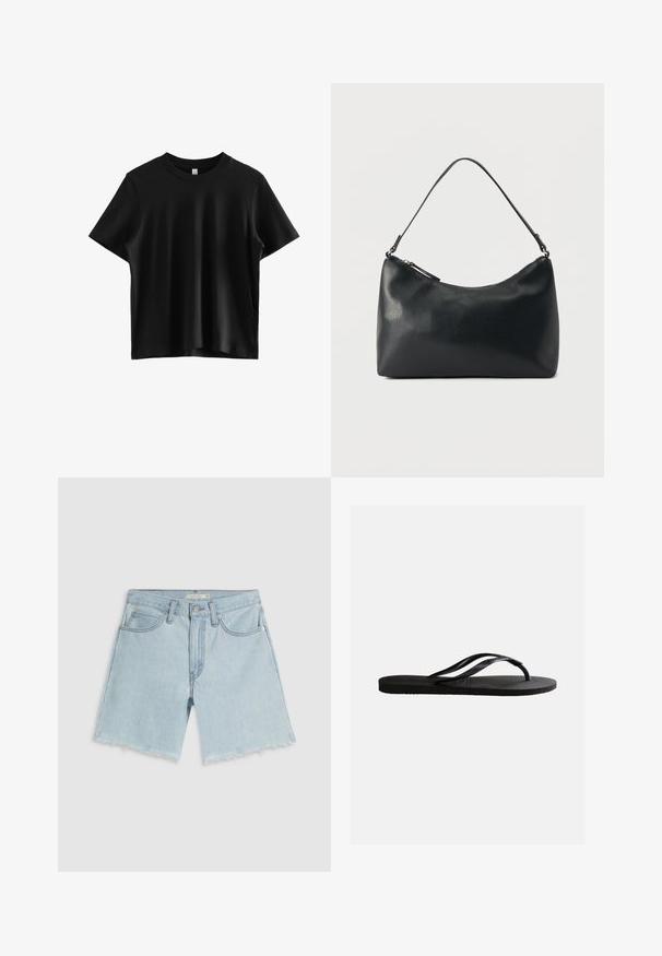 Camiseta negra de manga corta hecha de tela suave; presenta un clásico cuello redondo y un corte relajado sin logotipos ni adornos visibles.; Pantalones cortos de mezclilla azul claro con dobladillo deshilachado, cuatro bolsillos y cremallera; presentan un sutil desgastado y herrajes de tono plateado.; Chancla negra de goma con plantilla texturizada y finas correas en forma de Y sobre un fondo blanco liso.; Bolso de hombro de cuero negro texturizado con cremallera curva en la parte superior y una sola correa ajustable sobre un fondo liso.