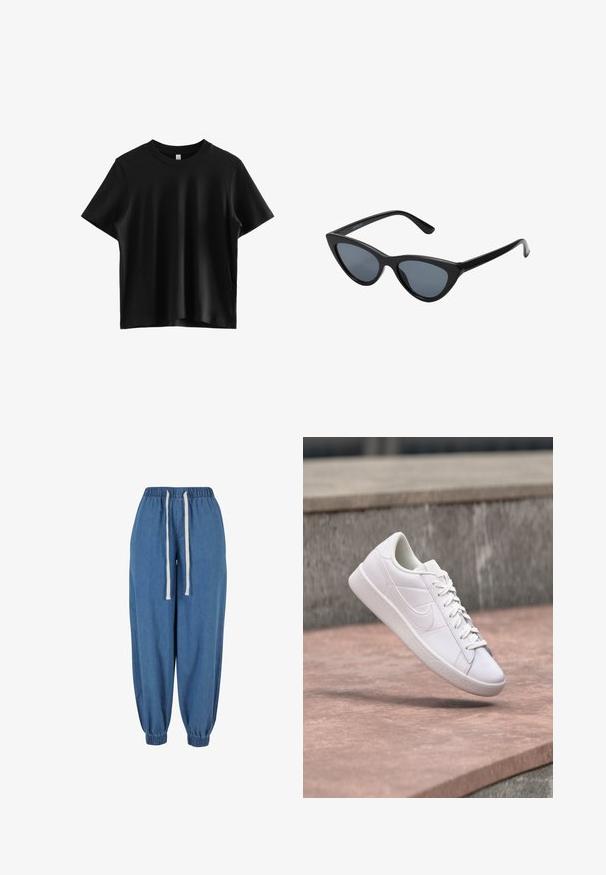 Zwarte t-shirt met korte mouwen, gemaakt van gladde stof; heeft een klassieke ronde halslijn en een ontspannen pasvorm zonder zichtbare logo's of versieringen.; Blauwe denim joggerbroek met elastische tailleband en boorden, met witte aantrekkoorden in de taille.; Witte Nike lage sneaker met veters, hangend boven een betonnen richel tegen een grijze stenen achtergrond buiten.; Zwarte cat-eye zonnebril met donkergrijze lenzen, slank plastic frame, puntige hoeken en rechte pootjes. Geen zichtbare hardware of accenten.