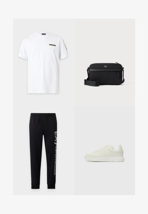 Witte T-shirt met korte mouwen met een klein EA7 Emporio Armani logo-patch op de linkerborst en een merklabel aan de binnenkant van de kraag.; Zwarte sweatpants van een katoenmix, met een elastische tailleband, taps toelopende benen, ribgebreide boorden en een wit logo-opdruk langs de zijkant.; Witte leren sneaker met een textuur bovenkant, ronde neus, vlakke witte zool en tonale veters. Subtiele branding op de tong.; Zwarte rechthoekige crossbodytas met voorvak met rits, verstelbare schouderriem en klein metalen logo bovenaan in het midden.