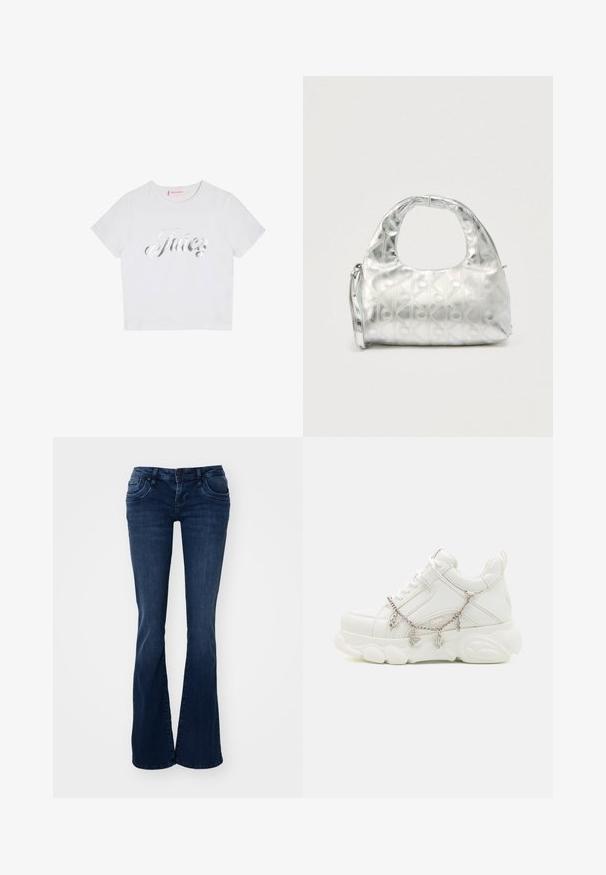 Hvid bomuld t-shirt med korte ærmer, der har en skinnende sølv "Juicy" logo i kursiv over forsiden. Simpelt og afslappet design.; Mørkeblå flare jeans lavet af denim, med forlommer, en knaplukning og en glat tekstur.; Hvide sneakers med en kraftig sål, tekstureret læderoverdel og dekorativ metal kæde med charms. Har snørebåndslukning og polstret krave.; Sølvhåndtaske med et struktureret mønster af geometriske former og cirkler, der har et afrundet håndtag og en aftagelig rem.