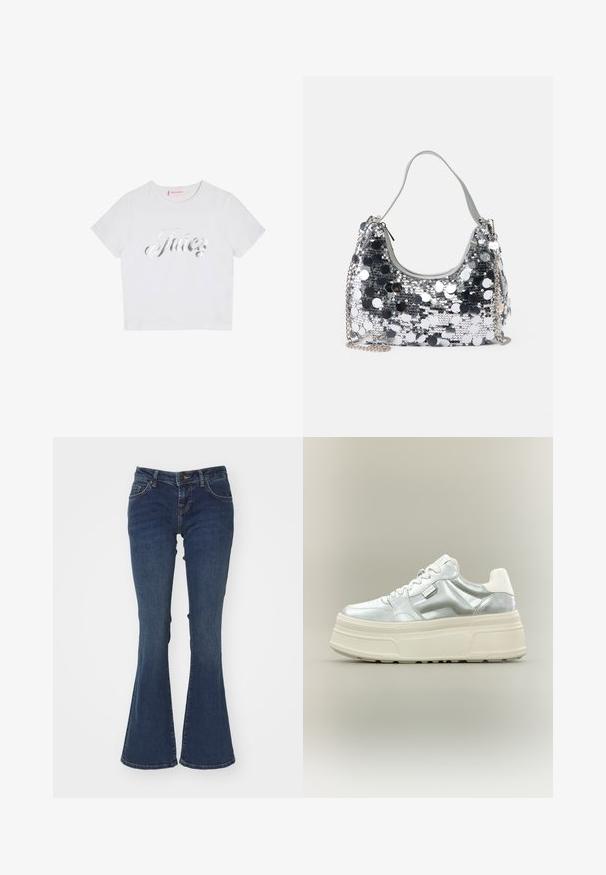 Witte katoenen T-shirt met korte mouwen, met een glanzend zilveren "Juicy" logo in cursiefschrift op de voorkant. Eenvoudig en casual ontwerp.; Uitlopende blauwe denim jeans gemaakt van katoen met een middelhoge taille, vijf-pocket ontwerp en contrasterende stiksels langs de naden.; Chunky plateau sneaker met metallic zilveren bovenwerk, witte veters en dikke crème-gekleurde textuurzool, zijaanzicht op neutrale achtergrond.; Zilveren pailletten handtas met een ronde vorm, een zachte handgreep en een zilveren kettingriem. Beschikt over een ritsafsluiting en reflecterende accenten.