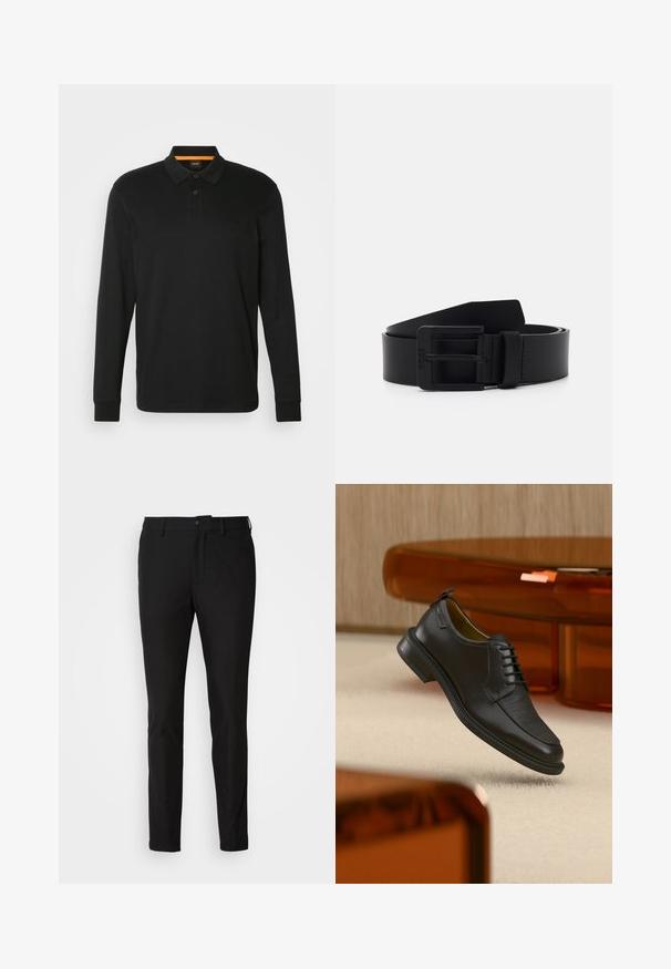 Čierna polo košeľa s dlhým rukávom z bavlny. Má klasický golier, zapínanie na dve gombíky a reliéfne logo na hrudi.; Čierne nohavice so slim fit strihom, s gombíkom na zapínanie, zipsom a dvoma prednými vreckami. Hladká tkanina s matným povrchom.; Čierna kožená šnurovacia spoločenská obuv s textúrovanou prednou časťou, vznášajúca sa nad béžovým kobercom v modernej miestnosti s nábytkom v jantárových tónoch.; Čierny kožený opasok s matným povrchom, s obdĺžnikovou kovovou prackou a hladkou textúrou. Jednoduchý dizajn bez vzorov alebo akcentov.