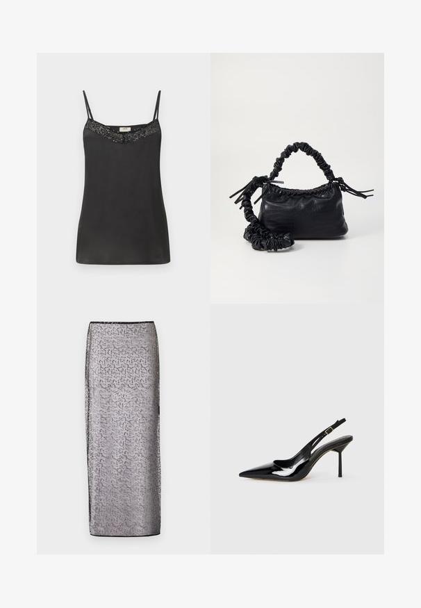 Camisón de satén negro con tirantes finos, que presenta un escote con cuentas. Textura suave con un corte holgado, ideal para superponer o usar de manera casual.; Larga falda ajustada de tejido plateado transparente con un patrón sutil y acentos brillantes. Presenta una cinturilla y un dobladillo negros.; Zapato de tacón stiletto con punta afilada en charol negro, con una delgada correa y hebilla dorada, sobre un fondo blanco.; Bolso de mano de imitación cuero negro con textura de cocodrilo, parte superior fruncida y correa arrugada. Presenta un diseño suave y compacto.