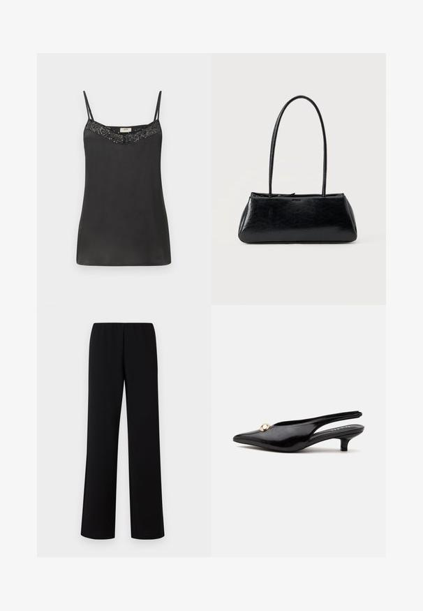 Camisón de satén negro con tirantes finos, que presenta un escote con cuentas. Textura suave con un corte holgado, ideal para superponer o usar de manera casual.; Pantalones de pierna ancha negros con cintura elástica, hechos de una tela suave, que presentan un diseño limpio y minimalista sin adornos.; Zapato negro de charol con tacón bajo tipo kitten, puntera puntiaguda y un pequeño adorno redondo dorado en la parte superior.; Bolso de hombro rectangular negro con correas largas y delgadas y una textura lisa y brillante sobre un fondo liso.