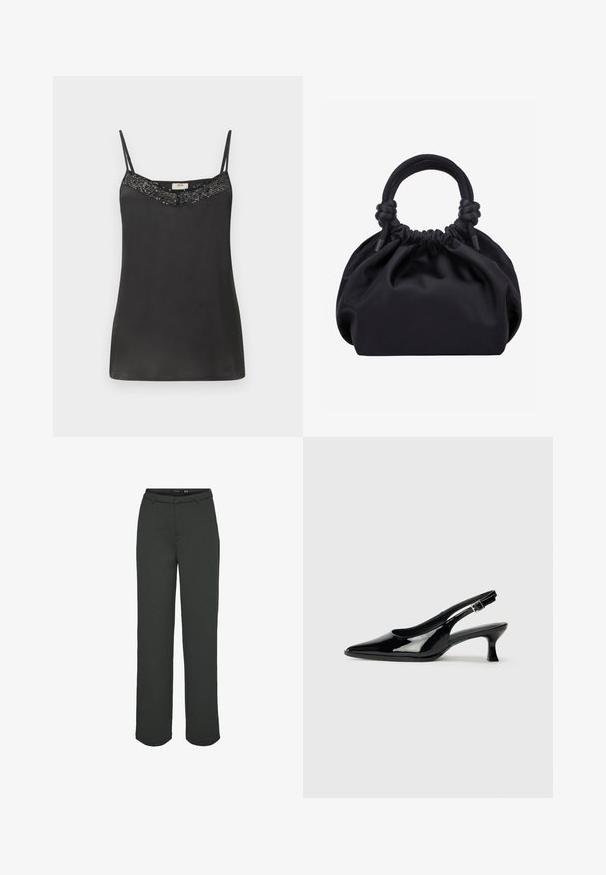Camisón de satén negro con tirantes finos, que presenta un escote con cuentas. Textura suave con un corte holgado, ideal para superponer o usar de manera casual.; Pantalones de pierna ancha en verde oscuro, hechos de tejido suave. Presentan una cinturilla con pasadores para cinturón, bolsillos delanteros y un corte recto.; Zapatos de charol negro tipo slingback con punta afilada y tacón bajo. Correa ajustable con hebilla en el tobillo.; Bolso de mano de tela negra suave con parte superior fruncida y asas acolchadas circulares atadas con nudos a cada lado.