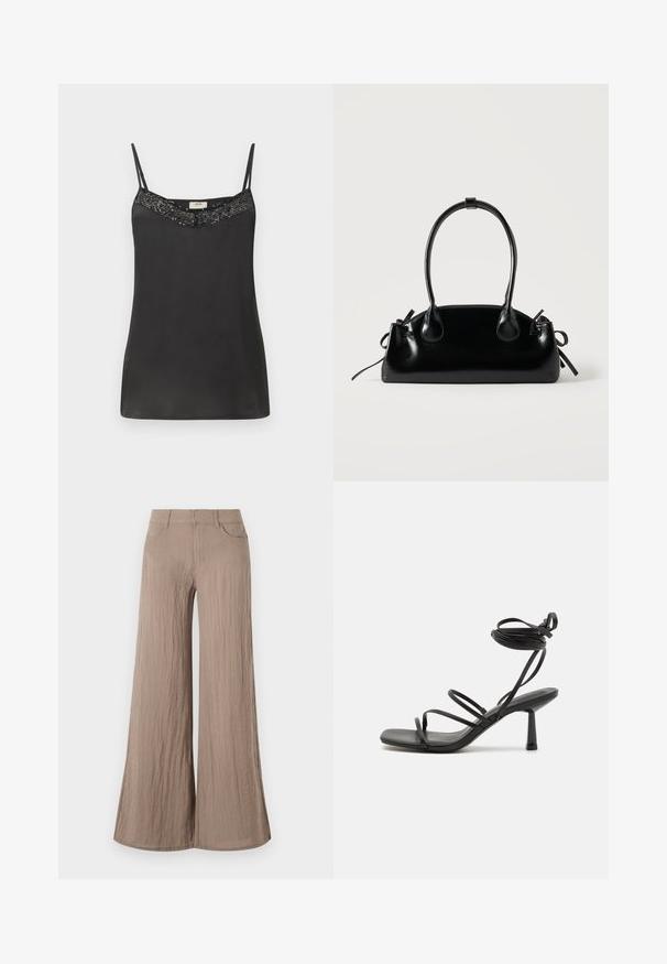 Camisole en satin noir avec des bretelles fines, présentant un col perlé. Texture lisse avec une coupe décontractée, idéale pour le superposition ou un style décontracté.; Pantalon large beige clair avec une finition texturée, présentant une taille haute, des poches avant et une silhouette fluide et ample.; Sandale noire à lanières avec un bout carré, des liens de cheville réglables et un talon carré fin. Fabriquée en un matériau lisse et durable.; Petit sac à main noir brillant avec deux longues anses et des détails à cordon sur les côtés sur un fond clair uni.