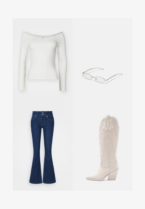 Haut blanc à épaules dénudées, à manches longues, fabriqué en matériau côtelé. Design ajusté avec une texture lisse et un ourlet droit.; Jean évasé bleu foncé à taille haute, avec deux boutons de fermeture et des poches avant. Fabriqué en denim avec des détails de couture visibles le long des coutures.; Bottine de cowboy en cuir blanc avec un bout pointu et un talon bloc. Présente des motifs de broderie complexes sur la tige et une texture lisse.; Lunettes ovales avec une monture métallique argentée, verres transparents et accents de branches texturées avec perles. Design léger avec des branches courbées.
