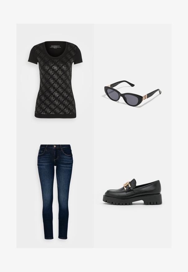 Sort T-shirt med korte ærmer og rund hals, med et gentaget sølvmønster over fronten, lavet af blødt bomuldsblandingsstof.; Mørkeblå slim-fit jeans med let falmning ved lårene, synlige syninger, knap foran, lynlås og fem-lomme design.; Sorte læder loafers med en kraftig sål og guldhardware; har rund tå og syede detaljer langs overdelen.; Guess Solbriller - shiny black