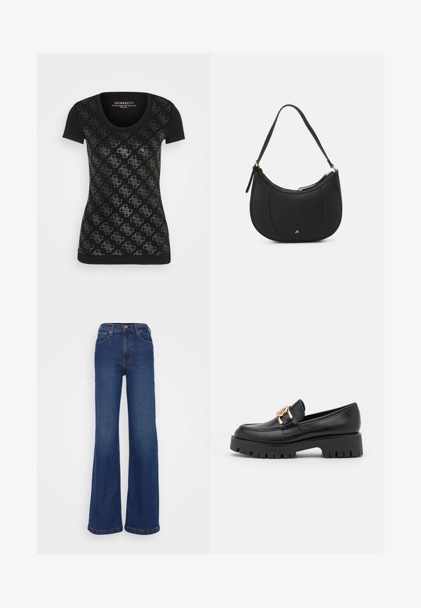 Sort T-shirt med korte ærmer og rund hals, med et gentaget sølvmønster over fronten, lavet af blødt bomuldsblandingsstof.; Breddebenede jeans lavet af mørkeblåt denim. Har en høj talje, fem-pockets design og diskret syninger på sømmene.; Sorte læder loafers med en kraftig sål og guldhardware; har rund tå og syede detaljer langs overdelen.; Sort læderhåndtaske med en buet form, struktureret overflade, forreste syninger og et logo i guldfarve. Har en enkelt justerbar rem.