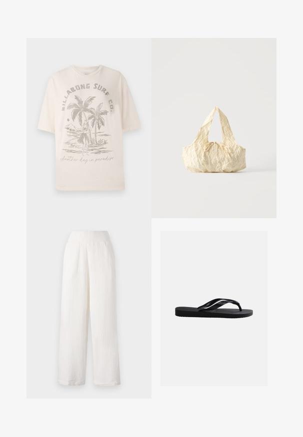 Cremefarvet bomulds T-shirt med korte ærmer, prydet med et grafisk motiv af palmer og en figur på forsiden, teksten lyder "En dag mere i paradis."; Hvide bukser med vidde i benene og en tekstureret, krøllet stof. Har et elastisk liv og sidelommer for bekvemmelighed.; Sort gummiplip-flops sandal med tekstureret sål og glatte remme, sidevisning på en ensfarvet lys grå baggrund.; Håndtaske i cremefarvet tekstureret stof med top-håndtag og en lille bundet sløjfe-detalje midt foran.