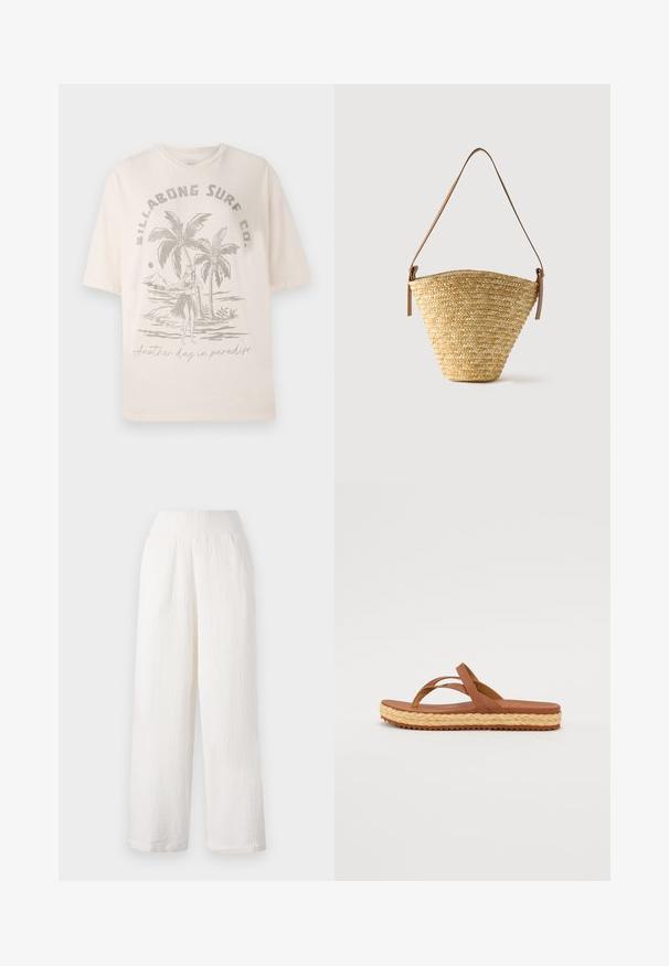 Cremefarvet bomulds T-shirt med korte ærmer, prydet med et grafisk motiv af palmer og en figur på forsiden, teksten lyder "En dag mere i paradis."; Hvide bukser med vidde i benene og en tekstureret, krøllet stof. Har et elastisk liv og sidelommer for bekvemmelighed.; Brun flip-flop sandal med dobbel rem i tekstureret materiale, med en espadrille-lignende vævet mellemsål og en gummisål.; Flettet stråtaske med bred bund, smal top og justerbar brun læder skulderrem.