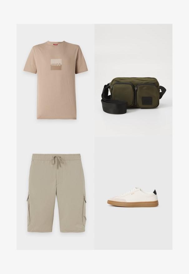 Beige t-shirt gemaakt van katoen, met een vierkant logo in wit en lichtbruine tinten. Korte mouwen, ronde hals, standaard pasvorm.; Beige cargoshorts met een elastische tailleband en een koord. Beschikt over zijzakken en een zachte, lichte stof.; Witte sneakers met beige accenten, bovenwerk van glad leer, ronde neus en rubberen gumzool, met een zwarte hieltab en subtiele branding.; Oliegroene stoffen schoudertas met twee voorzakken met rits, verstelbare zwarte strap en zwart logo-opdruk. Rechthoekige vorm met een gestructureerd oppervlak.