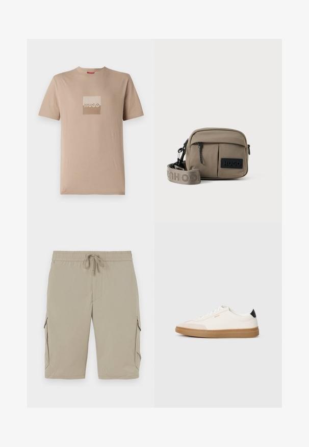 Beige t-shirt gemaakt van katoen, met een vierkant logo in wit en lichtbruine tinten. Korte mouwen, ronde hals, standaard pasvorm.; Beige cargoshorts met een elastische tailleband en een koord. Beschikt over zijzakken en een zachte, lichte stof.; Witte sneakers met beige accenten, bovenwerk van glad leer, ronde neus en rubberen gumzool, met een zwarte hieltab en subtiele branding.; Khaki nylon schoudertas met twee ritszakken aan de voorkant, verstelbare schouderriem en een zwart logo-etiket aan de voorkant. Soepele textuur.