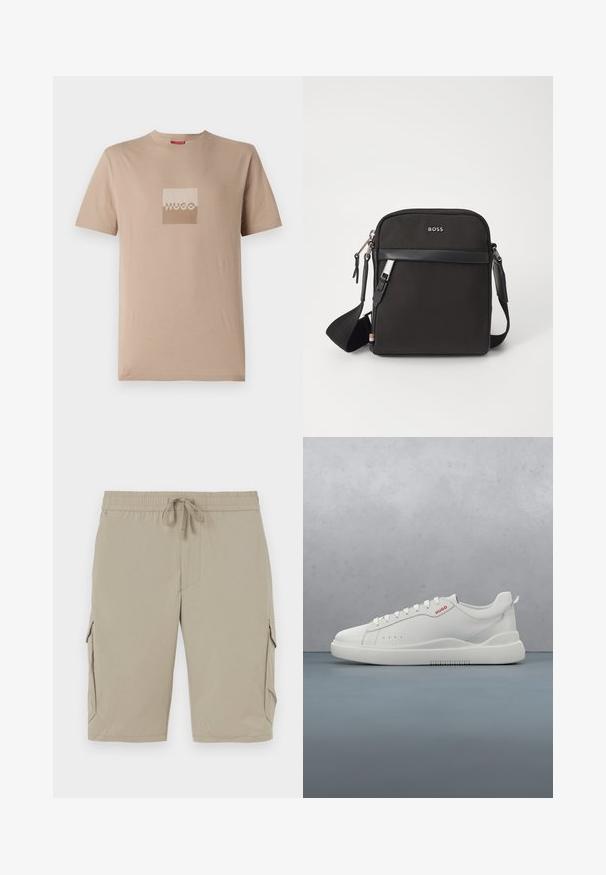 Camiseta beige hecha de algodón, con un logo cuadrado en tonos blancos y marrones claros. Mangas cortas, cuello redondo, corte estándar.; Pantalones cortos cargo beige con cinturilla elástica y cordón. Cuentan con bolsillos laterales y una tela suave y ligera.; Zapatilla blanca con un acabado de cuero liso, punta redonda, cuatro ojales, perforaciones sutiles y un detalle de logo rojo en el lateral.; Bolso bandolero negro con un tejido texturizado, logo en la parte frontal, cierre de cremallera y correa ajustable. Presenta un ribete de cuero suave.