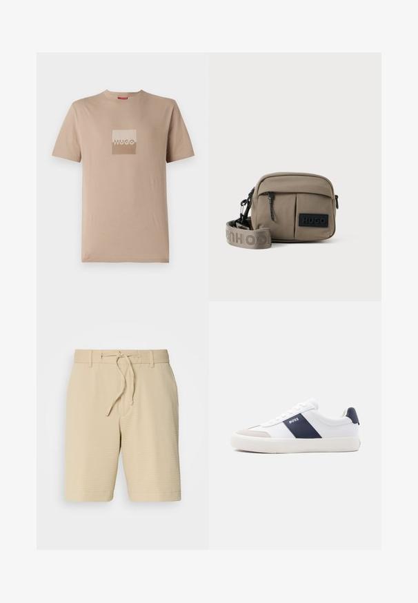 Beige t-shirt lavet af bomuld, med et firkantet logo i hvid og lys brun. Korte ærmer, rund halsudskæring, normal pasform.; Beige shorts lavet af tekstureret stof, med en elastisk talje med snøre og sidelommer for funktionalitet.; Hvid sneakers med lav top med navyblå side stribe, "BOSS" logo, beige tåbeskytter og hvid sål, vist i profil på en lys baggrund.; Khaki nylon crossbody taske med to lynlåslommer foran, justerbar rem og et sort logo-patch på forsiden. Glat tekstur.