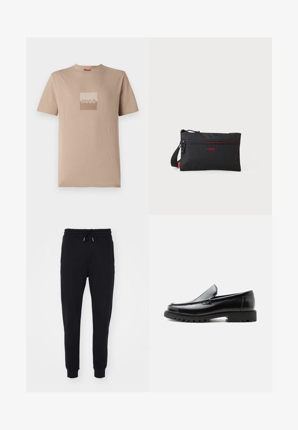 T-shirt beige en coton, avec un logo carré dans des teintes blanches et marron clair. Manches courtes, col rond, coupe standard.; Pantalons de survêtement noirs en tissu doux, dotés d'une taille élastique avec cordon de serrage, de poches latérales et de finitions ajustées aux chevilles.; Mocassin en cuir noir avec semelle en caoutchouc épaisse, dessus cousu et nom de marque embossé sur le talon, présenté de profil sur fond blanc.; Sac bandoulière rectangulaire noir avec poche zippée avant et logo rouge "HUGO" centré, doté d'une sangle réglable sur fond blanc.