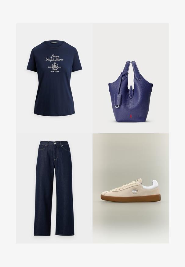 Tmavomodré tričko s krátkymi rukávmi s nápisom „Lauren Ralph Lauren EST. 1996 NEW YORK“ a dekoratívnym erbom vytlačeným bielou farbou na prednej strane.; Tmavomodré džínsové nohavice s širokými nohavicami, predným zapínaním na gombíky a zips, pútkami na opasok a viditeľným žltým prešitím na vreckách a švoch.; Béžové semišové tenisky s bielymi akcentmi a gumovou podrážkou. Vyznačujú sa vystúpeným logom na boku a kontrastnými béžovými šnúrkami. Klasický dizajn.; Fialová kožená kabelka s textúrou, jedinečným tvarom, dvojitými uchami a striebornými kovovými doplnkami. Obsahuje malú odnímateľnú visačku s logom.