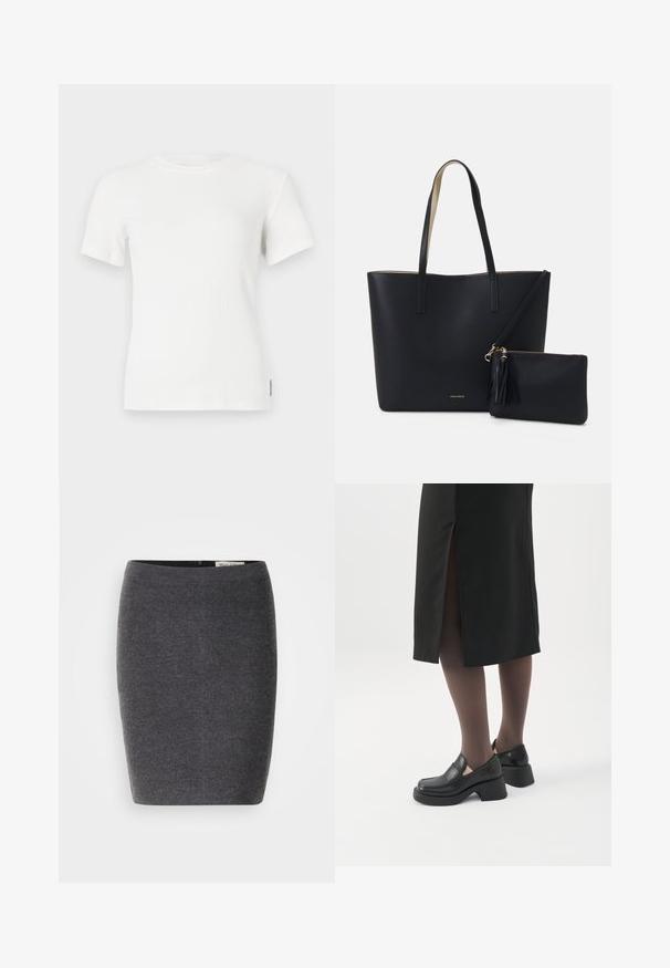 Weißes kurzärmliges T-Shirt mit geripptem Muster und rundem Ausschnitt. Weicher Stoff, taillierte Passform und minimale Nähdetails.; Grauer Wollbleistiftrock mit glatter Textur und enger Passform, ausgestattet mit einem diskreten Bund und ohne sichtbare Verzierungen.; Frau trägt schwarze Loafers mit klobigem Absatz, schwarze transparente Strumpfhosen und einen schwarzen Rock mit Schlitz hinten vor weißem Hintergrund.; Schwarze Tragetasche aus strukturiertem Material, mit zwei langen Griffen und einem abnehmbaren Reißverschlussbeutel mit Quastendetail. Goldenes Markenlogo sichtbar.