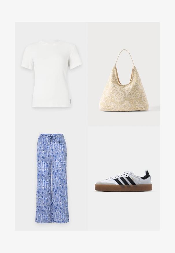 Weißes kurzärmliges T-Shirt mit geripptem Muster und rundem Ausschnitt. Weicher Stoff, taillierte Passform und minimale Nähdetails.; Weite, blaue Hosen mit Muster und elastischem Kordelzug, aus leichtem Material mit weißen abstrakten Linienstreifen.; Weiße Leder Sneakers mit schwarzen Streifen, Gummigummi-Außensohle, runder Zehenform, Schnürverschluss und weichem grauem Wildleder-Zehenkappe.; Cremefarbene Stofftasche mit weißem floralem Häkelmuster und einem einzelnen dünnen Schulterriemen auf einfarbigem Hintergrund.