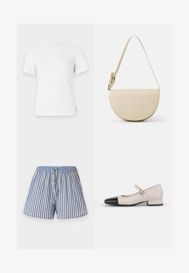 T-shirt à manches courtes côtelé blanc avec un col rond. Texture douce, design ajusté et détails de couture minimalistes.; Shorts rayés en beige et bleu, dotés d'une taille élastique et d'un cordon ajustable, fabriqués en tissu léger.; Chaussure de style Mary Jane en cuir crème avec un bout en vernis noir. Présente un bout rond, une sangle de cheville avec une boucle carrée et un petit talon carré.; HVISK NOMI SOFT STRUCTURE - Sac à main - bone white