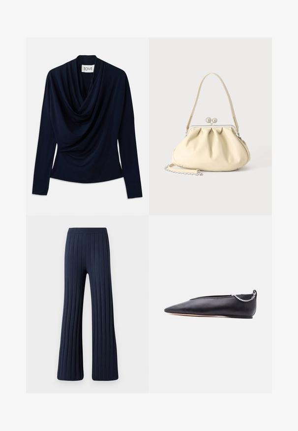 Marineblaue Langarmbluse mit drapierter Ausschnittlinie, gefertigt aus weichem Stoff. Verfügt über eine figurbetonte Silhouette und ein minimalistisches Design. Markenlabel sichtbar.; Navy weit geschnittene Hose mit vertikaler Rippstruktur, elastischem Bund und ausgestelltem Saum. Hergestellt aus weichem, bequemem Stoff.; Schwarzer, spitzer flacher Schuh aus Leder mit niedrigem Absatz und silberner Kettendetail am Hinterteil vor neutralem Hintergrund.; Cremafarbene weiche Lederhandtasche mit gerafftem Design, silbernem Rahmenschloss, kurzem Griff und abnehmbarem Kettenriemen.