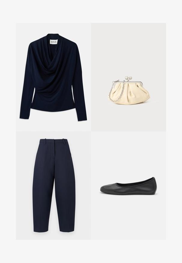 Haut à manches longues bleu marine avec un col drapé, fabriqué en tissu doux. Présente une silhouette ajustée et un design minimaliste. Étiquette de marque visible.; Pantalon bleu marine à coupe ajustée, silhouette à jambe large, plis et passants pour ceinture. Confectionné dans un tissu lisse et texturé.; Ballerines en cuir noir avec un bout rond, texture lisse, détails de couture minimalistes et design de semelle flexible.; Pochette en cuir beige plissé avec un cadre en métal argenté, dotée de deux fermoirs ronds décoratifs et d'une chaîne en argent.