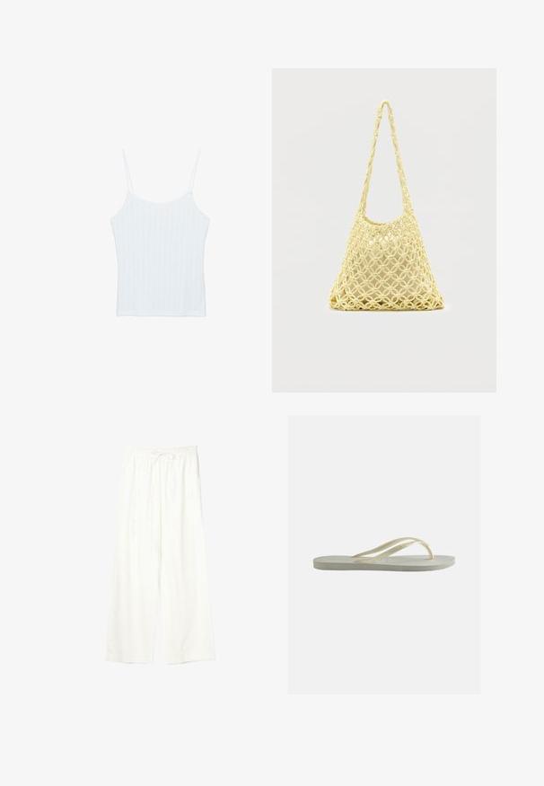 Hvid ribstrikket ærmeløs camisole med bølget udskæring og tynde dobbelte skulderstropper.; Hvide bukser med vide ben, elastisk talje og snøre, lavet af letvægtsstof.; Enkelt off-white gummiflipper med tynde remme og tekstureret fodseng set fra siden på ensfarvet baggrund.; Gul makramé-nettaske med lang rem og beige pose indeni, vist på en ensartet hvid baggrund.