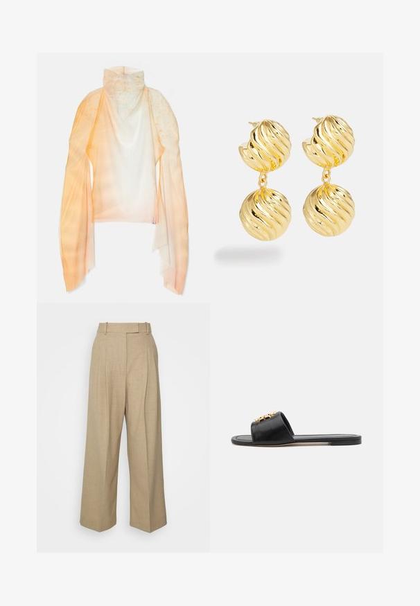 MAITREPIERRE LYS - T-shirt à manches longues - yellow; Pantalons beige à jambes larges avec taille haute, fabriqués en tissu texturé. Présentent des plis avant et des passants de ceinture, offrant une apparence élégante.; Sandales slides en cuir noir avec un bout ouvert, une semelle plate et un accent décoratif en or sur le dessus. Texture lisse avec un design minimal.; Boucles d'oreilles en ton doré avec un design tordu. Elles comportent deux éléments sphériques, chacun avec une texture ondulée et une finition polie.