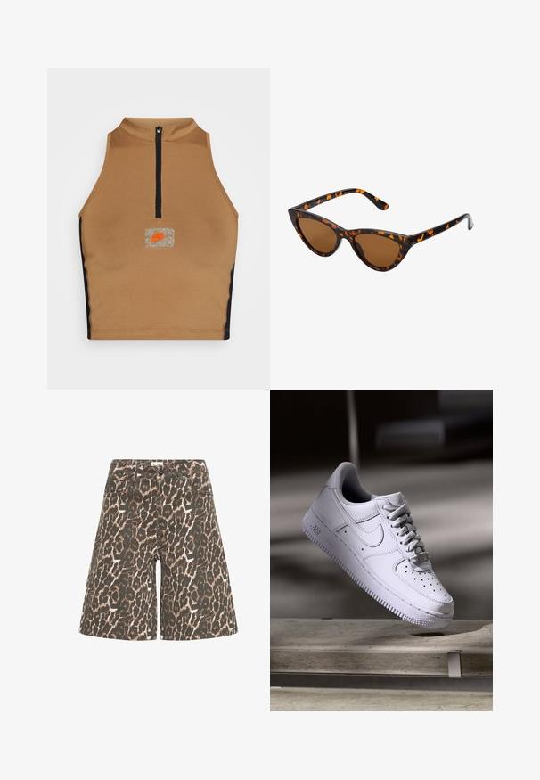 Nike Sportswear Débardeur - driftwood/black; Shorts taille haute à coupe ample avec imprimé léopard marron et noir, bouton à l'avant, fermeture éclair, et poches avant et arrière.; Baskets Nike Air Force 1 blanches lévitant au-dessus d'une surface en béton avec des ombres dans un cadre minimaliste.; Lunettes de soleil style œil de chat avec une monture en écaille de tortue noire et orange, verres marron et pointes effilées et élégantes. Présente un logo minimaliste sur la branche.