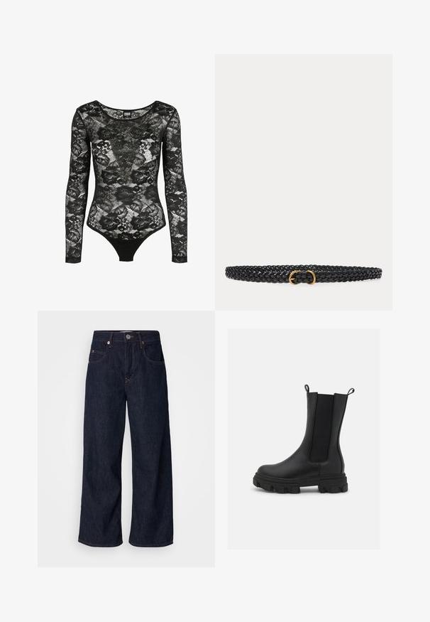Sort blonde body med lange ærmer med blomsterprint, rund halsudskæring og tætsiddende silhuet designet af Urban Classics.; Bredde denimjeans i mørkeblå, med høj talje, to forlommer, knaplukning og kontrasterende syninger.; Sort Chelsea-støvle lavet af læder og elastisk stof, med en kraftig gummisål med fremtrædende mønster og trækflapper for nem påtagning.; Sort flettet læderbælte med lille guldfarvet dobbelt spænde på ens hvid baggrund.