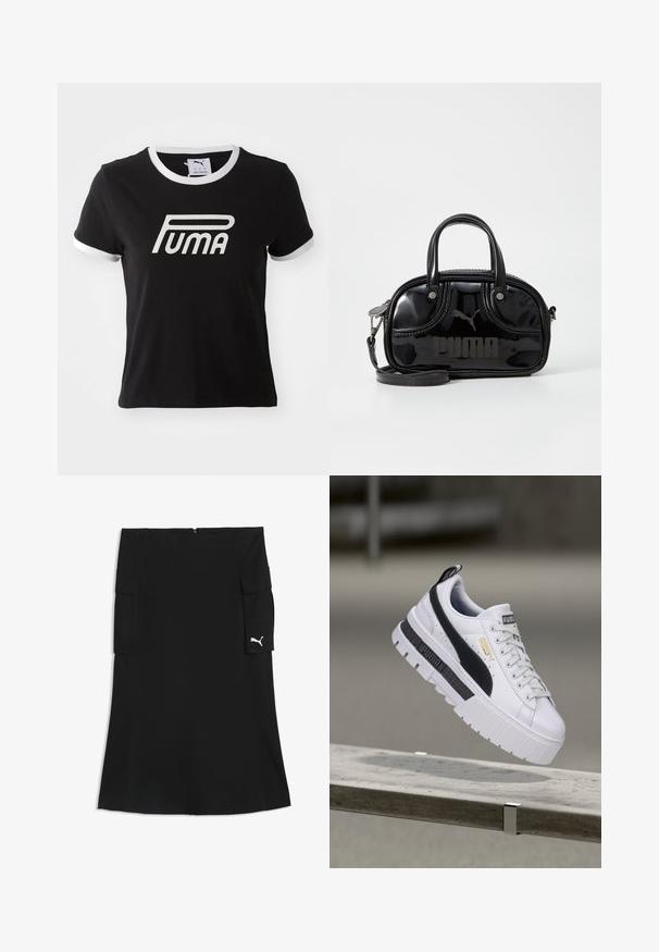Zwarte katoenen t-shirt met witte rand bij de kraag en mouwen. Heeft een groot wit Puma-logo op de voorkant. Klassiek pasvorm ontwerp.; Zwarte knielange rok met cargozakken aan beide zijden en een klein wit Puma-logo op de rechter zakklep.; Witte Puma platform sneaker met zwarte streep en gouden logo, zwevend boven een betonnen bankje in een buitenomgeving.; Zwarte lakleren handtas met dubbele handvatten aan de bovenkant, afneembare schouderriem, ronde vorm en opvallend gegraveerd "PUMA" logo.