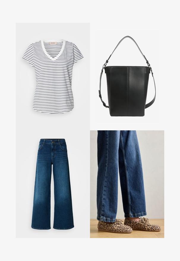 T-shirt à col en V à manches courtes rayé avec des rayures blanches et marines, présentant un petit logo et un ourlet arrondi au bas.; Jean large en denim bleu foncé. Doté d'une taille haute, d'une fermeture à bouton et d'un design classique à cinq poches avec une légère décoloration.; Mocassins en daim à imprimé léopard, avec un bout rond, un laçage, et des semelles plates et flexibles, associés à un jean en denim bleu.; Sac seau en cuir noir avec deux bretelles réglables et des détails de couture minimalistes sur un fond uni.