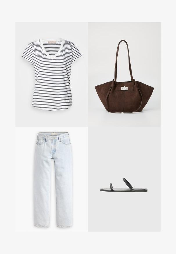 Gestreiftes Kurzarm-V-Ausschnitt-T-Shirt mit weißen und marineblauen Streifen, das ein kleines Logodetail und einen abgerundeten Saum am Boden aufweist.; Hellblaue, gerade geschnittene Jeans mit hoher Taille, die fünf Taschen, einen Knopfverschluss vorne und sichtbare Nähte aufweist.; Schwarze flache Sandalen mit zwei schmalen Riemen, aus glattem Material. Sie haben eine rechteckige Sohle und einen strukturierten Riemen. Minimalistisches Design.; Braune Wildleder-Tasche mit strukturierter Form, ausgestattet mit einem silbernen Metallverschluss und zwei Schulterriemen. Glatte Textur mit Akzentnähten.