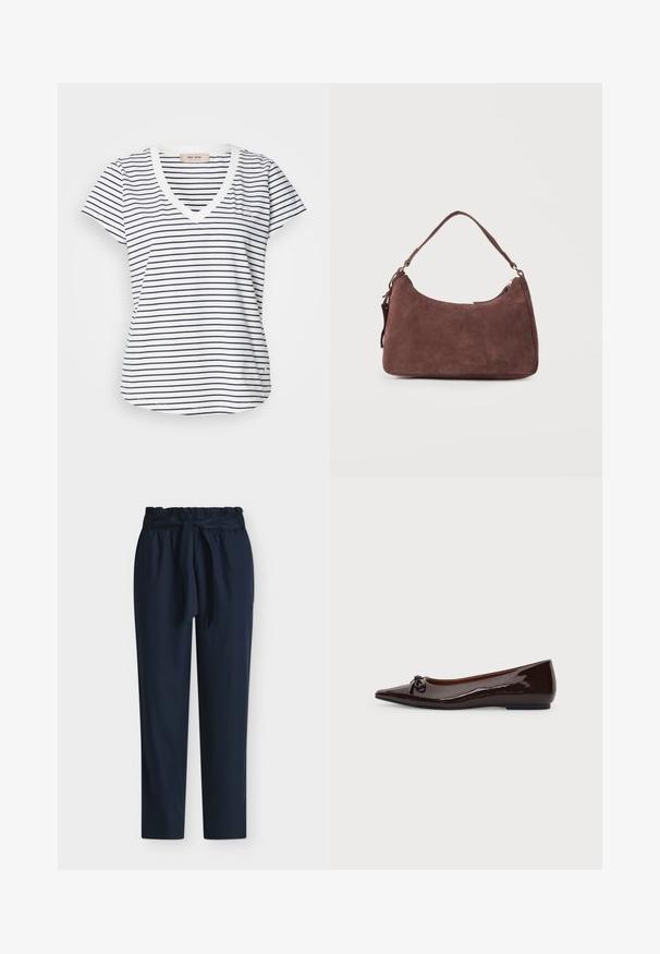 T-shirt à col en V à manches courtes rayé avec des rayures blanches et marines, présentant un petit logo et un ourlet arrondi au bas.; Pantalon bleu marine taille haute avec taille paperbag et ceinture en tissu nouée en nœud devant.; Chaussure plate marron brillante à bout pointu avec un petit nœud sur le devant et un petit talon sur un fond uni.; Sac bandoulière en daim marron avec une anse unique et une fermeture éclair, présenté sur un fond clair uni.
