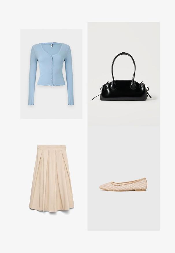 Lichtblauwe, geribbelde cardigan met lange mouwen, kleine witte knopen, V-hals en licht gerimpelde randen aan kraag, manchetten en zoom.; Beige midirok met hoge taille en plooien aan de voorkant, uitlopende silhouet en gladde stof.; Ballet flats met een spitse neus, gemaakt van geweven beige materiaal, met een flexibele zool en een gladde randafwerking.; Kleine zwarte glanzende handtas met twee lange hengsels en zijkant trekkoord details op een effen lichte achtergrond.