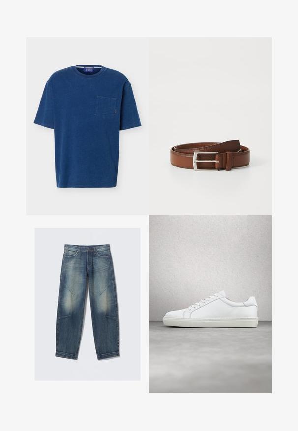 Blå T-shirt med korte ærmer og rund hals med en venstre brystlomme og lille orange syning ved lommen.; Lyseblå denimjeans med løs pasform, med falmede pletter, frontlommer og diagonale sømdetaljer. Design med lige ben.; Hvide sneakers med en glat læderoverdel og lav profil. Har en rund tå, seks snørehuller og en tekstureret gummisål.; Brun læderbælte med en glat overflade, præget af en sølvfarvet metalspænde og diskret syning langs kanterne. Klassisk og holdbart design.