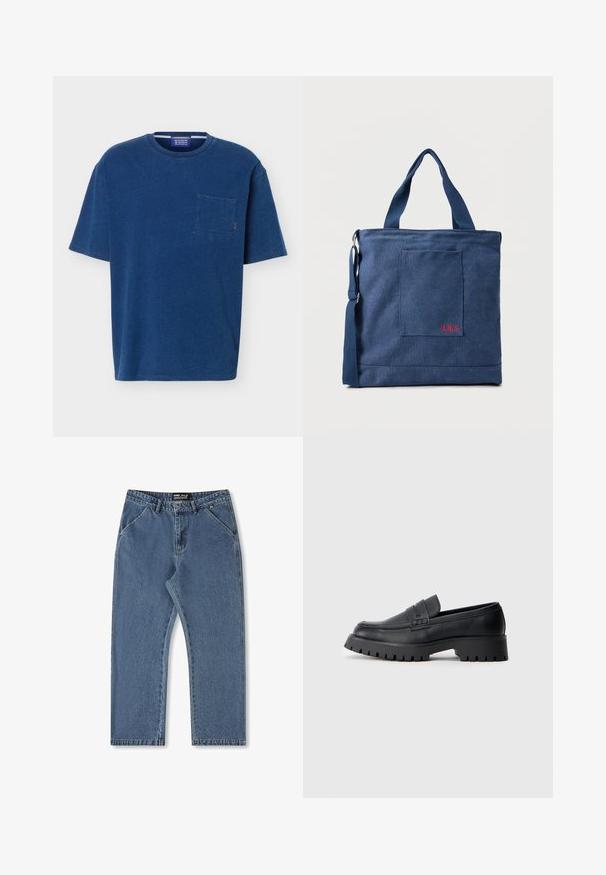 Sinine lühikeste varrukatega ümar kaelusega T-särk, vasakul rinnatasku ja väike oranž õmblusdetail tasku lähedal.; Sinise denim püksid otsejoone disainiga, keskmise tõusuga vöökoht ja klassikaline viis taskutega stiil. Omab peent värvimuutust ja õmblemise detaile.; Mustad mustad nahast loafers ümarate varvastega, dekoratiivse rihmaga ja turske kummitald koos sügavate tallaga, et tagada haarde.; Sinine lõuendist käekott esitasku ja punase "O.N.S" tikandiga, kus on topeltkandesangad ja reguleeritav õlarihm.