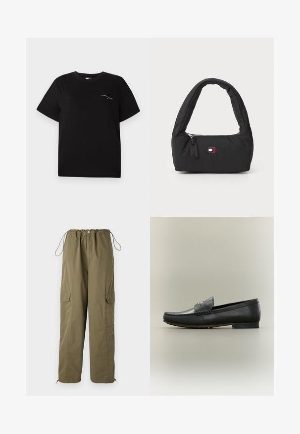 Camiseta negra de manga corta hecha de algodón, con cuello redondo y un pequeño logo blanco en el lado izquierdo del pecho. Diseño simple y de corte relajado.; Pantalones cargo verde olivo con cintura elástica, cordón y bolsillos a ambos lados; elaborados con tejido ligero y texturizado.; Mocasín de cuero negro con costuras estilo mocasín, tacón bajo y detalle metálico dorado en la correa, mostrado de perfil sobre fondo beige.; Bolso de nylon negro con un asa curva y acolchada, cremallera plateada y un pequeño parche de logo en colores rojo, blanco y azul.