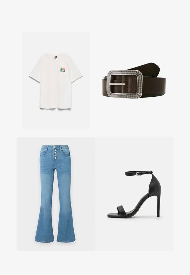 Hvid t-shirt med korte ærmer med en lille broderet orange blomst og grønne blade på venstre brystområde, rund halsudskæring.; Lyseblå vide jeans lavet af denim, med højtaljet talje, fem knapper i gylpen og subtil udtoning foran for tekstur.; Sort højhælet sandal med et sleek design, der har en ankelrem, åben tå og glat lædertekstur.; Brun læderbælte med en rektangulær spænde i sølvfarve, der har en struktureret kant og en enkelt tynge til fastgørelse.