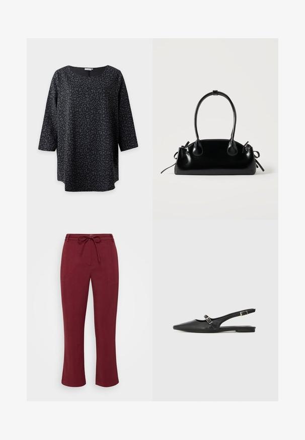 Top negro de manga larga con estampado de animales gris y escote redondo mostrado sobre fondo liso.; Pantalones burdeos fabricados con un tejido texturizado, con cinturilla con cordón y corte recto. Sin bolsillos ni herrajes visibles.; Zapatos slingback de cuero negro con punta afilada, que cuentan con una correa estrecha y un detalle de hebilla plateada en el lateral. Suela plana.; Pequeño bolso negro brillante con dos asas largas y detalles de cordón lateral sobre un fondo claro liso.