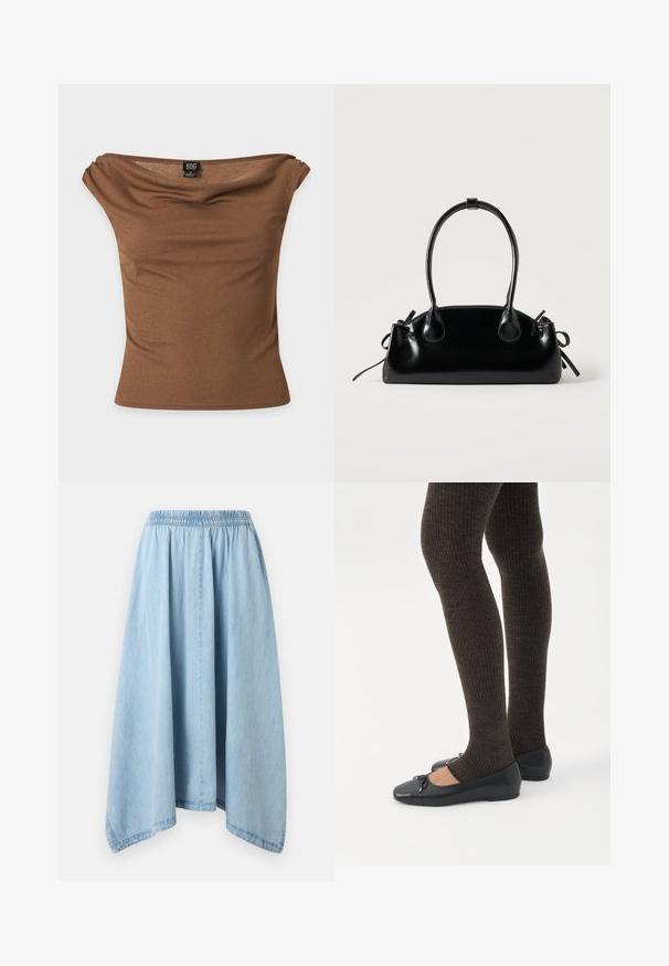 Haut marron ajusté à épaules dénudées avec de légers fronces à l'encolure et une étiquette de marque BDG à l'intérieur du col arrière.; Jupe en denim bleu clair avec une taille élastique et un ourlet asymétrique, suspendue sur un fond blanc uni.; Jambes portant des leggings côtelés foncés associés à des ballerines noires avec de petits détails en nœud sur fond blanc.; Petit sac à main noir brillant avec deux longues anses et des détails à cordon sur les côtés sur un fond clair uni.